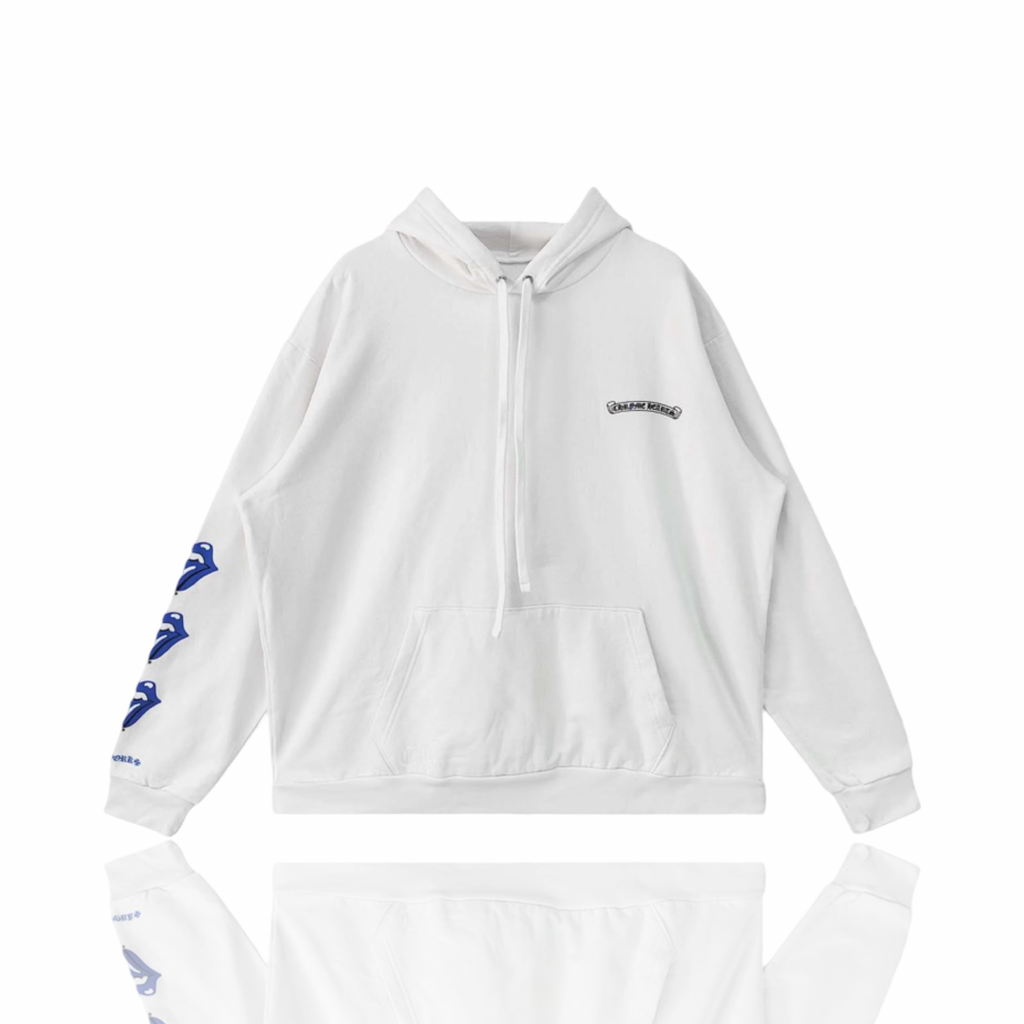 Chrome Hearts White Blue Rolling Stones Scroll Logo Hoodie