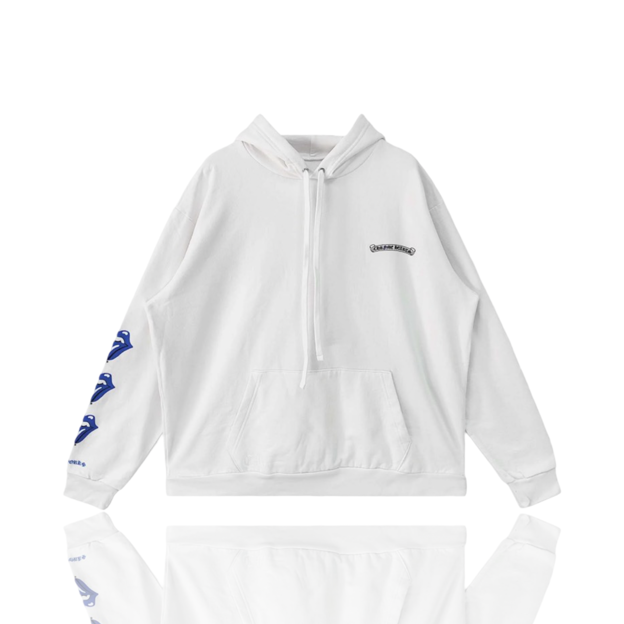 Chrome Hearts White Blue Rolling Stones Scroll Logo Hoodie