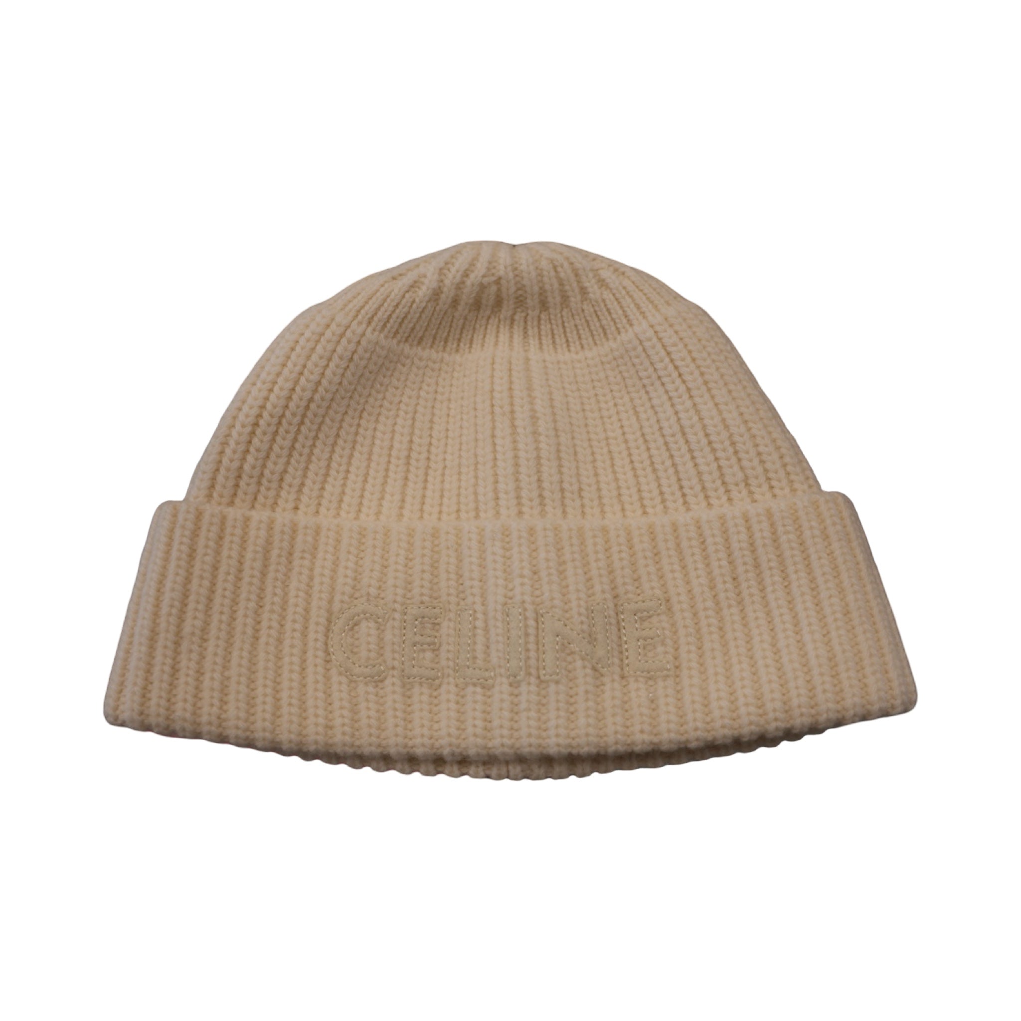 Celine Wool Knit Beanie Cream/Felt Tonal Logo