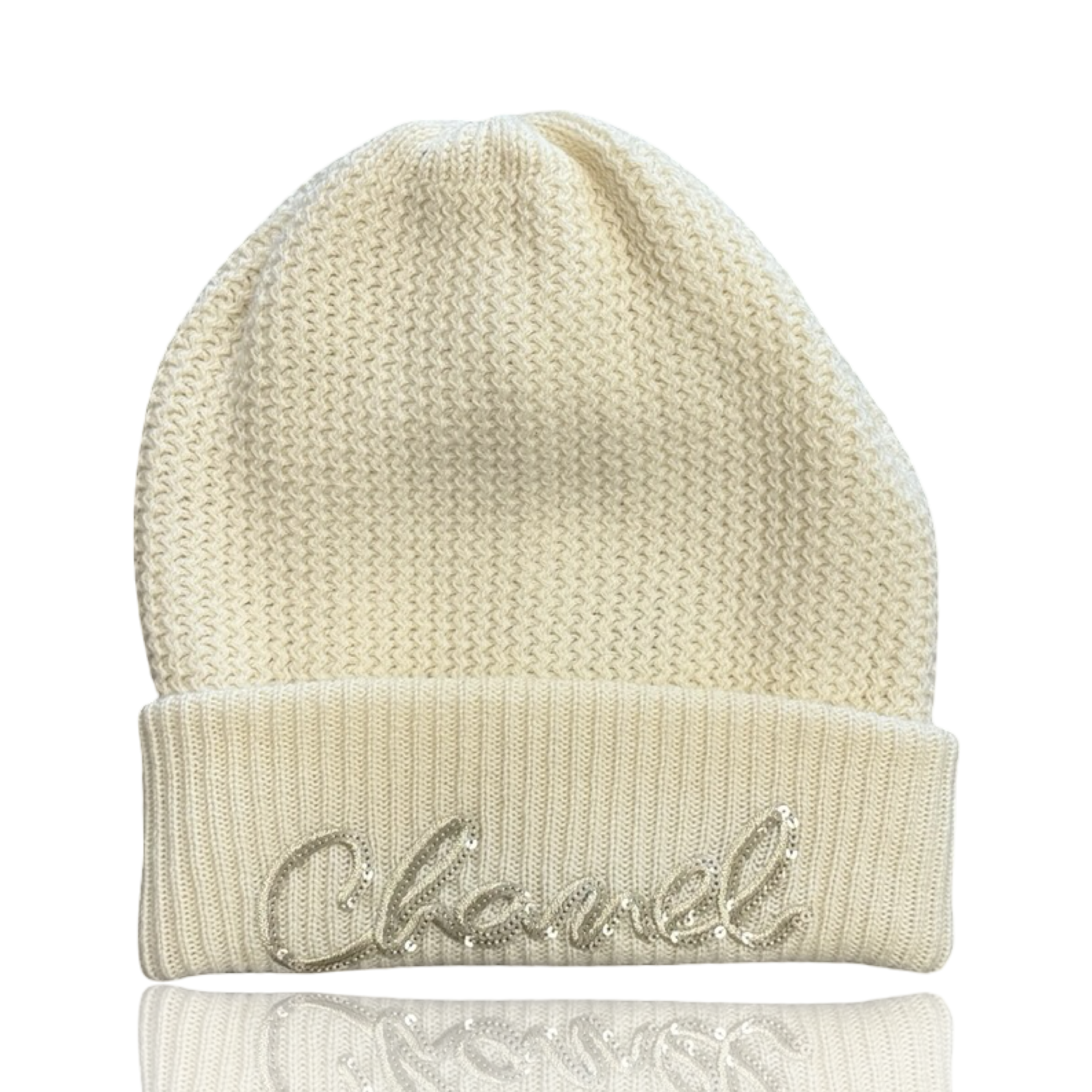 Chanel Ivory Cashmere Sequin Logo Beanie