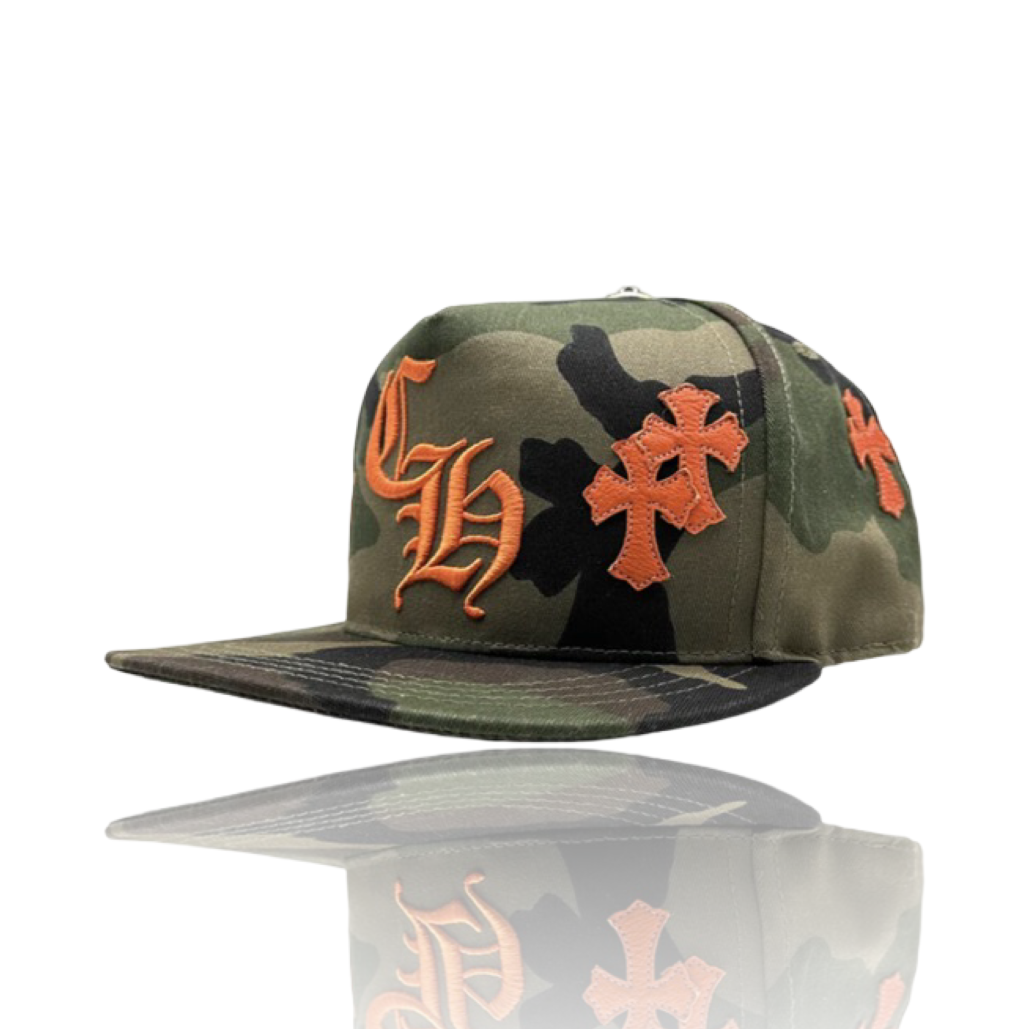 Chrome Hearts Leather Cross Embroidered CH Logo Baseball Hat Camo/Orange