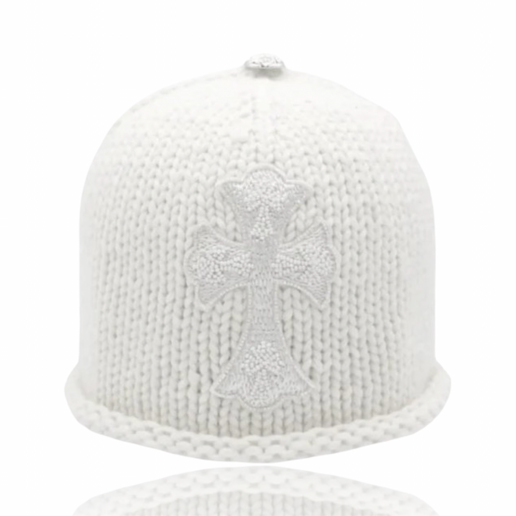 Chrome Hearts Cashmere Beaded Cross Patch Beanie White