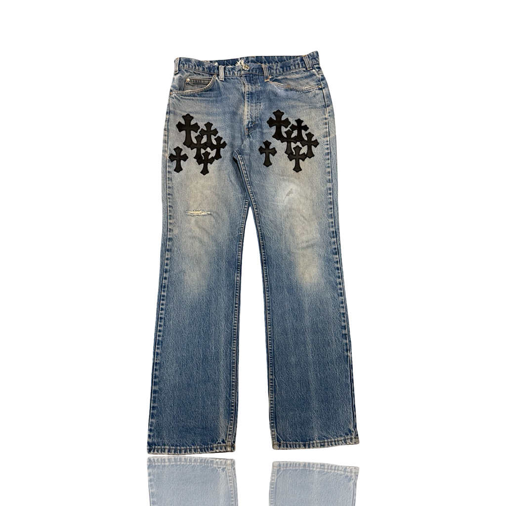 Chrome Hearts Levi's Light Blue Black Cross Patch Jeans