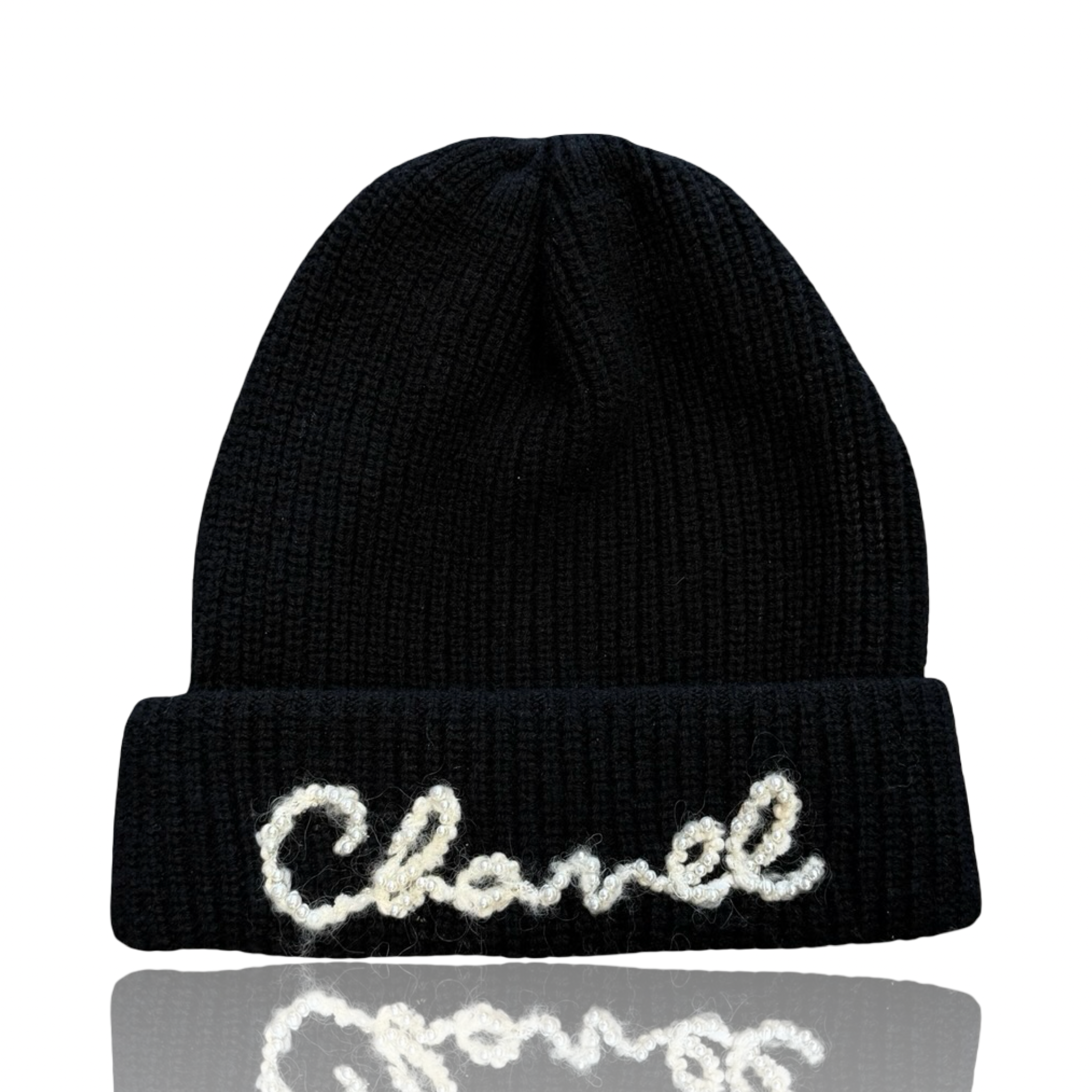 Chanel Black Cashmere Pearl Beanie