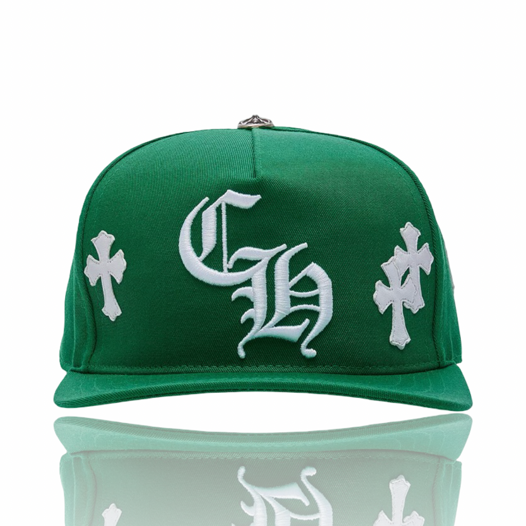 Chrome Hearts Leather Cross Embroidered CH Logo Baseball Hat Green/White