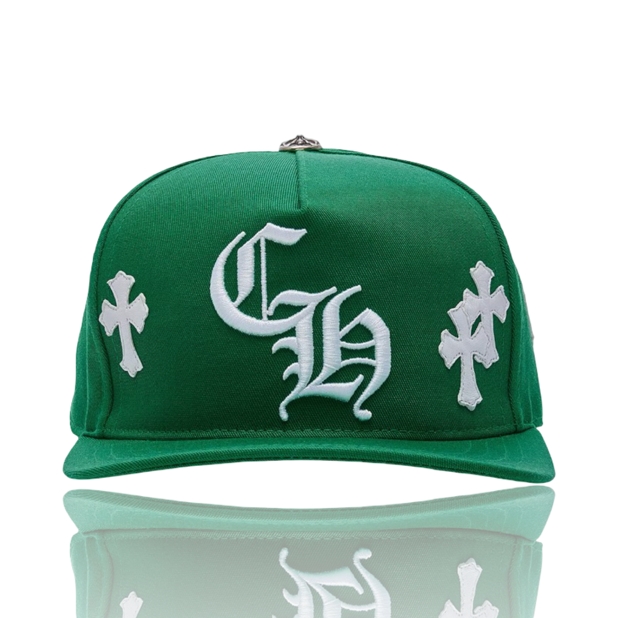 Chrome Hearts Leather Cross Embroidered CH Logo Baseball Hat Green/White