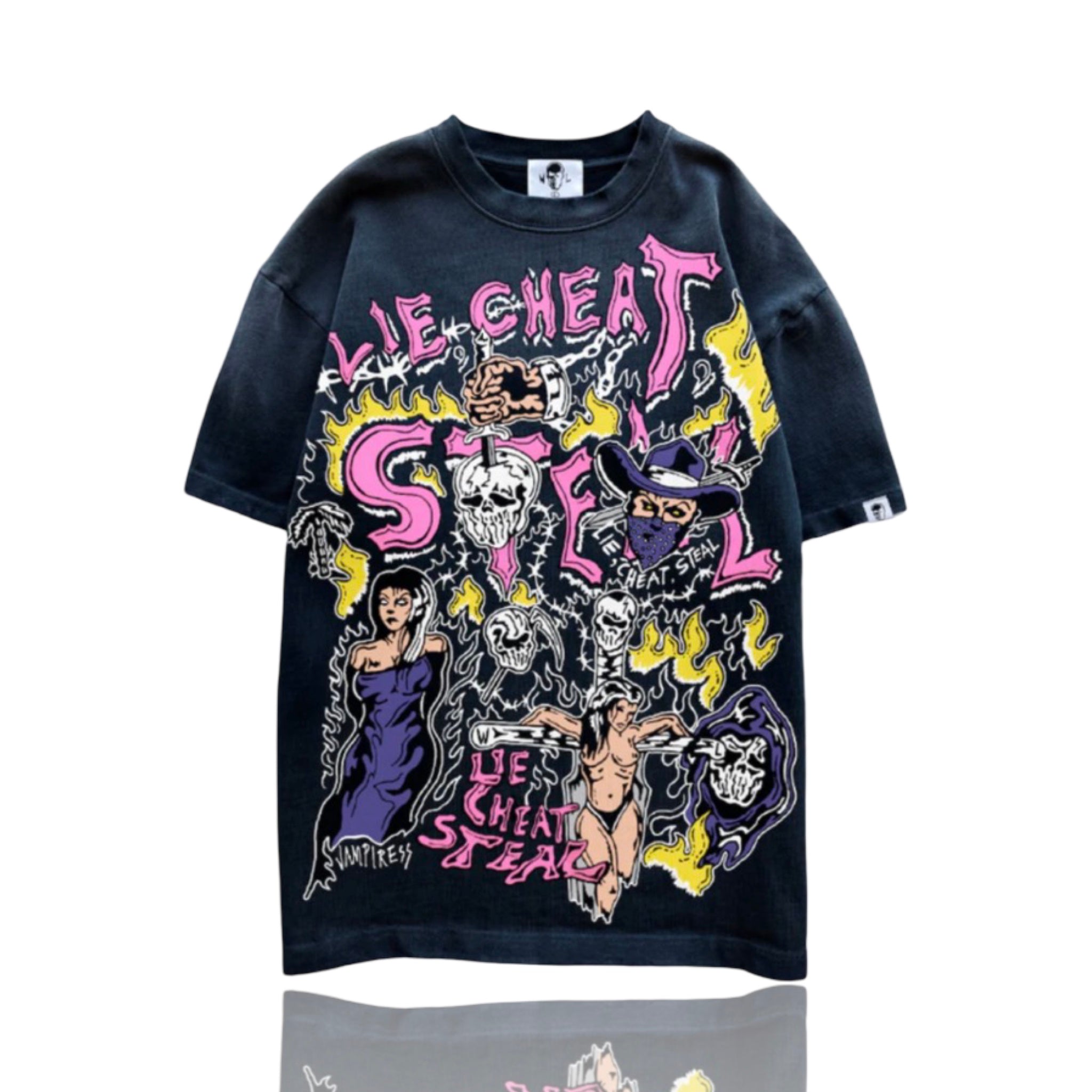 Warren Lotas Lie Cheat Steal Black Tee