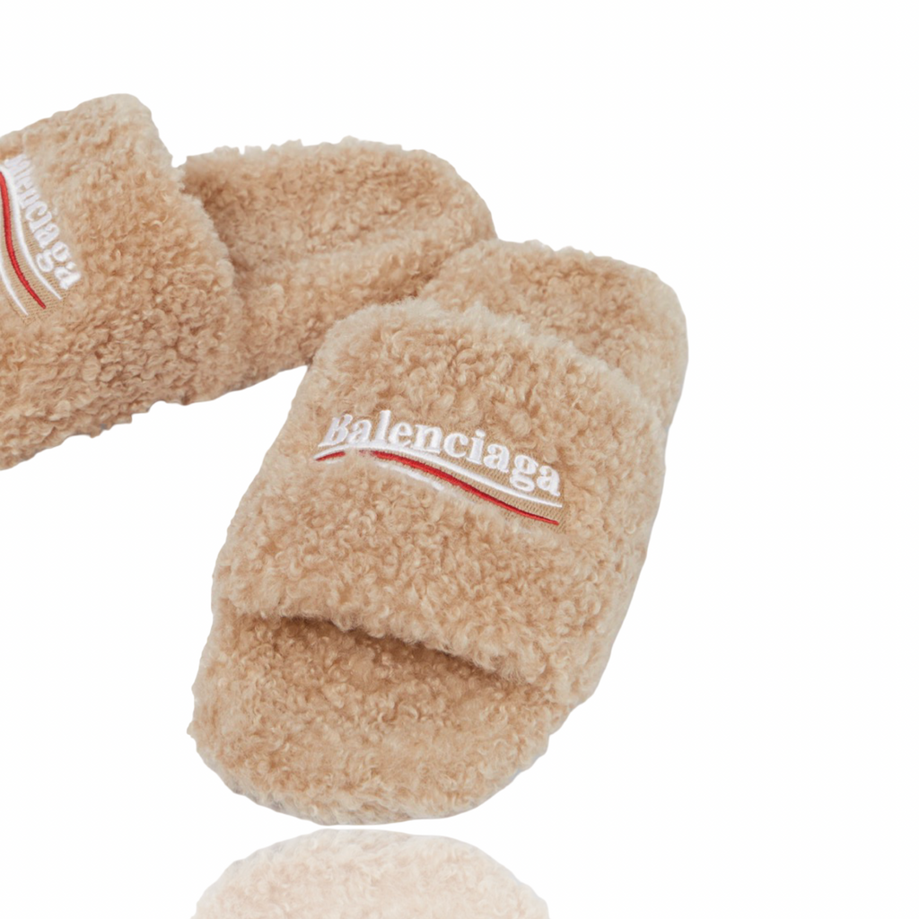 Balenciaga Faux Fur Slide Sandals Beige