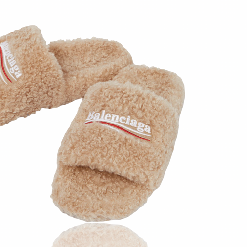 Balenciaga Faux Fur Slide Sandals Beige
