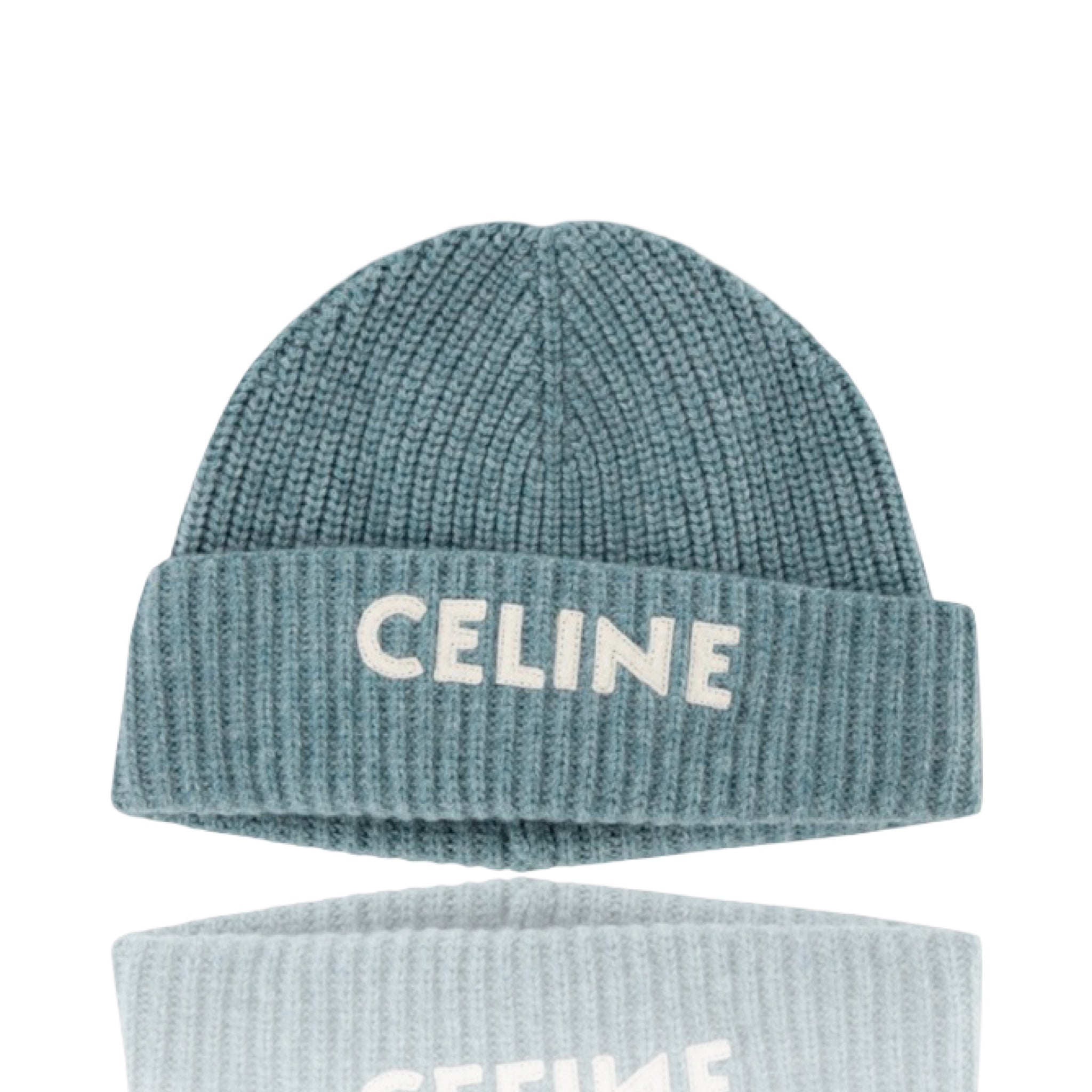 Celine Logo Cashmere Knit Beanie Aqua Blue