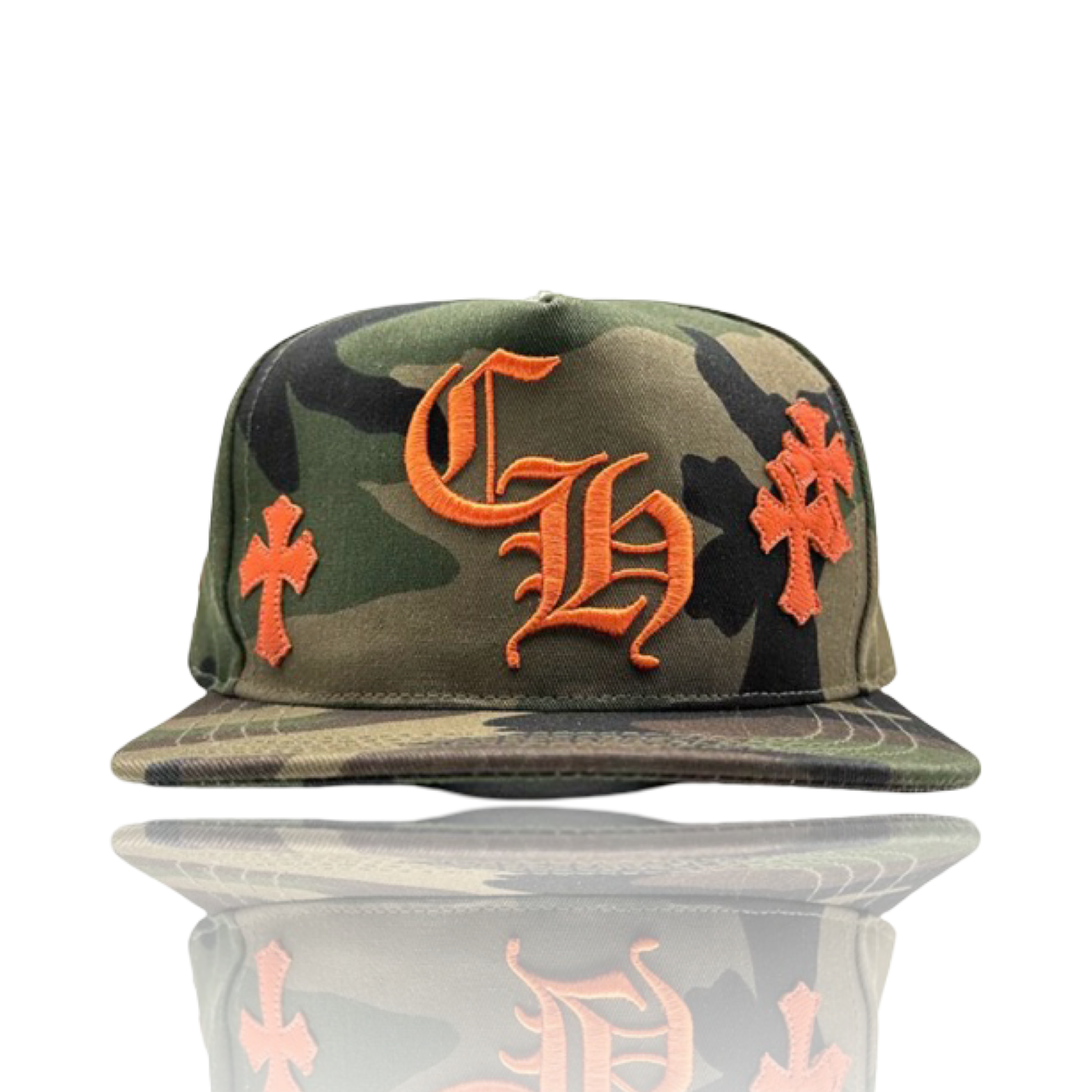 Chrome Hearts Leather Cross Embroidered CH Logo Baseball Hat Camo/Orange