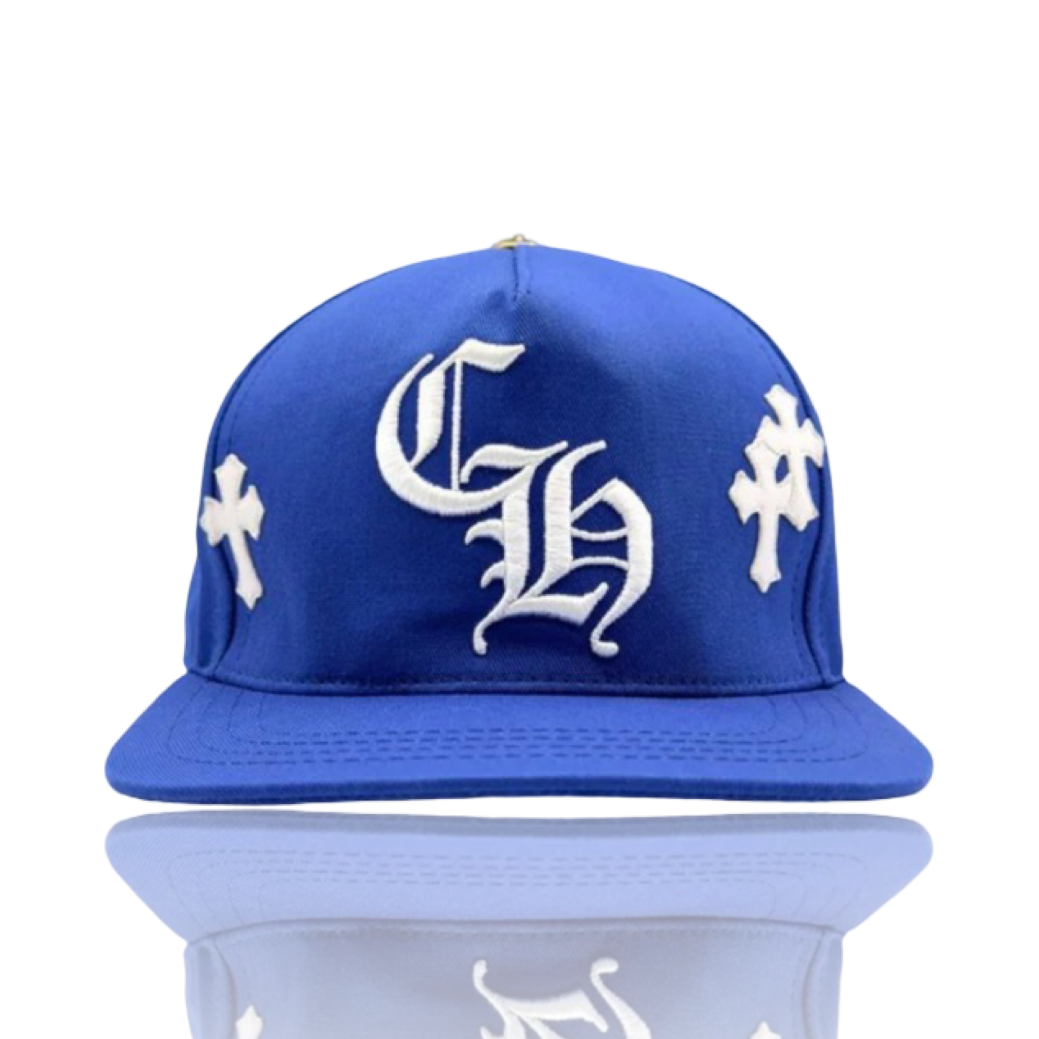 Chrome Hearts Leather Cross Embroidered CH Logo Baseball Hat Blue/White
