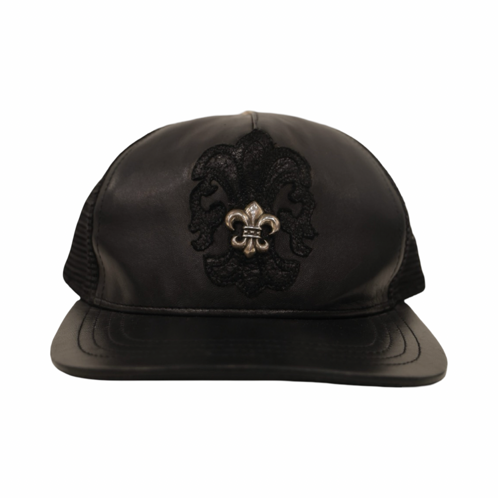 Chrome Hearts Silver Embellished Fleur Patch Leather Hat Black
