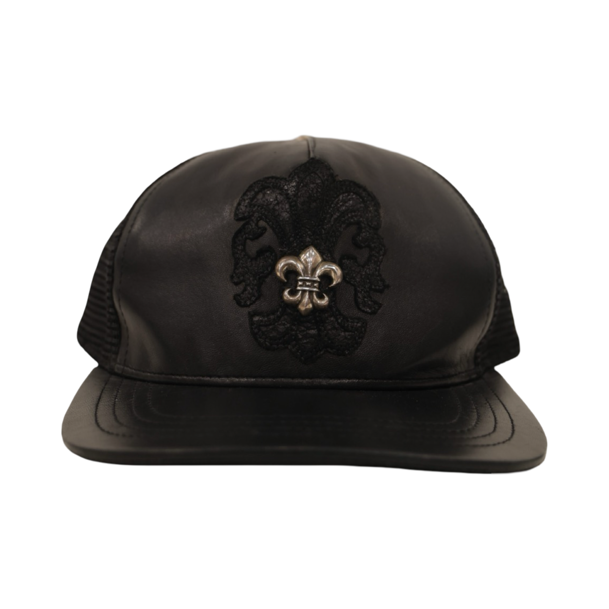 Chrome Hearts Silver Embellished Fleur Patch Leather Hat Black