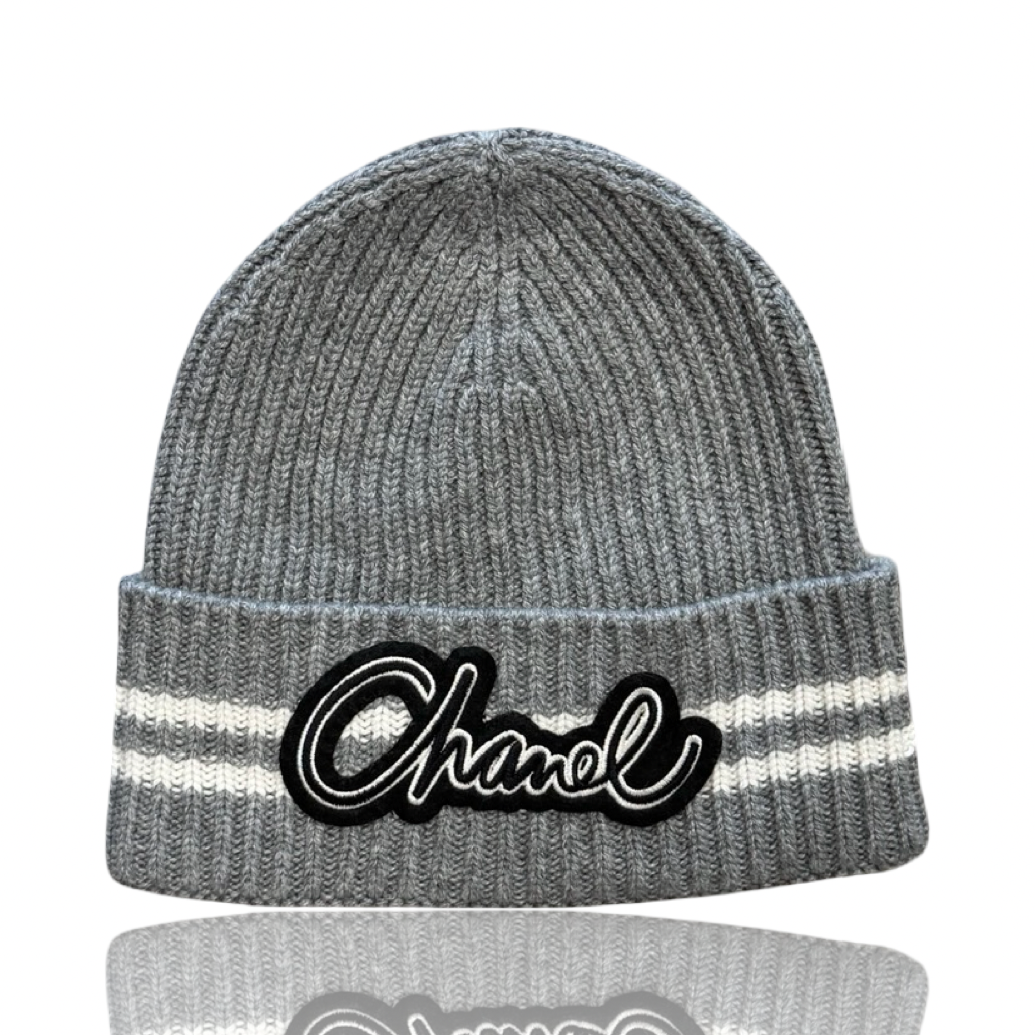 Chanel Embroidered Cashmere Logo Beanie Grey