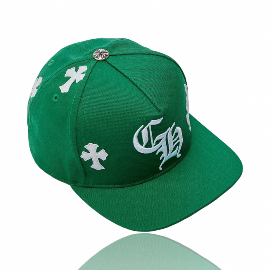 Chrome Hearts Leather Cross Embroidered CH Logo Baseball Hat Green/White