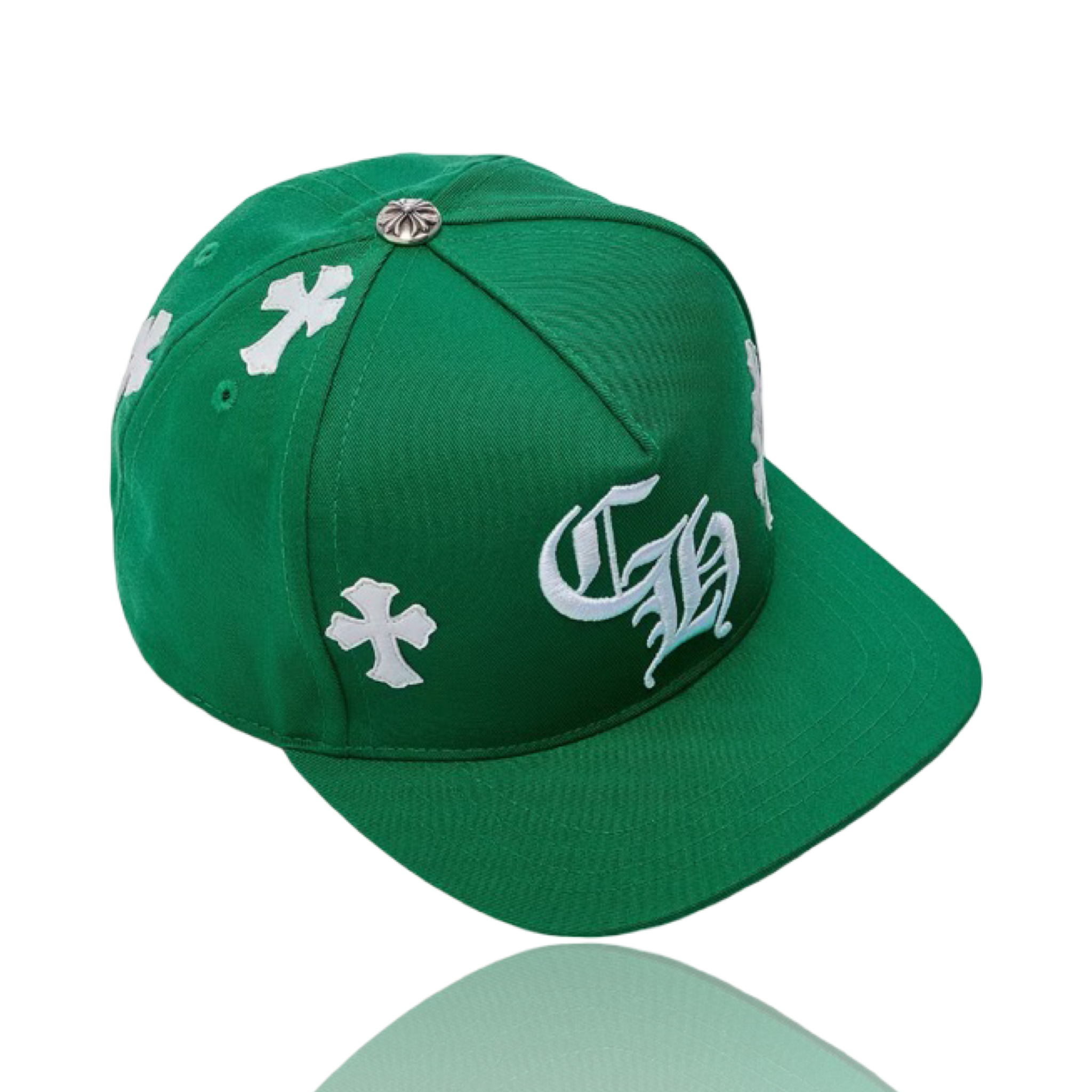 Chrome Hearts Leather Cross Embroidered CH Logo Baseball Hat Green/White