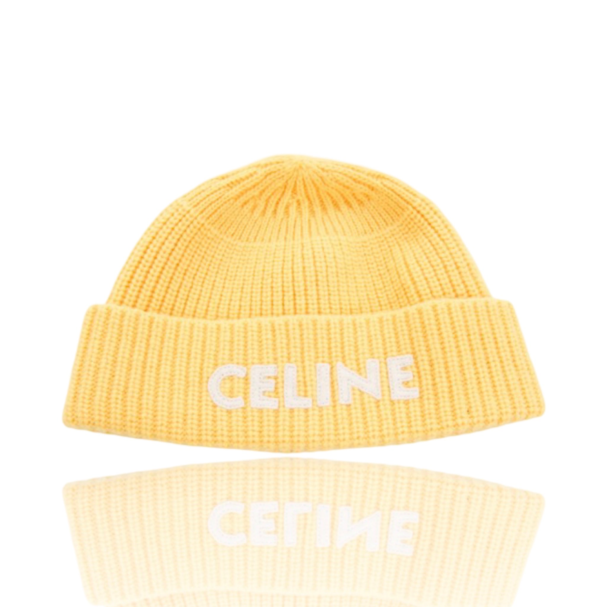 Celine Logo Wool Knit Beanie Yellow