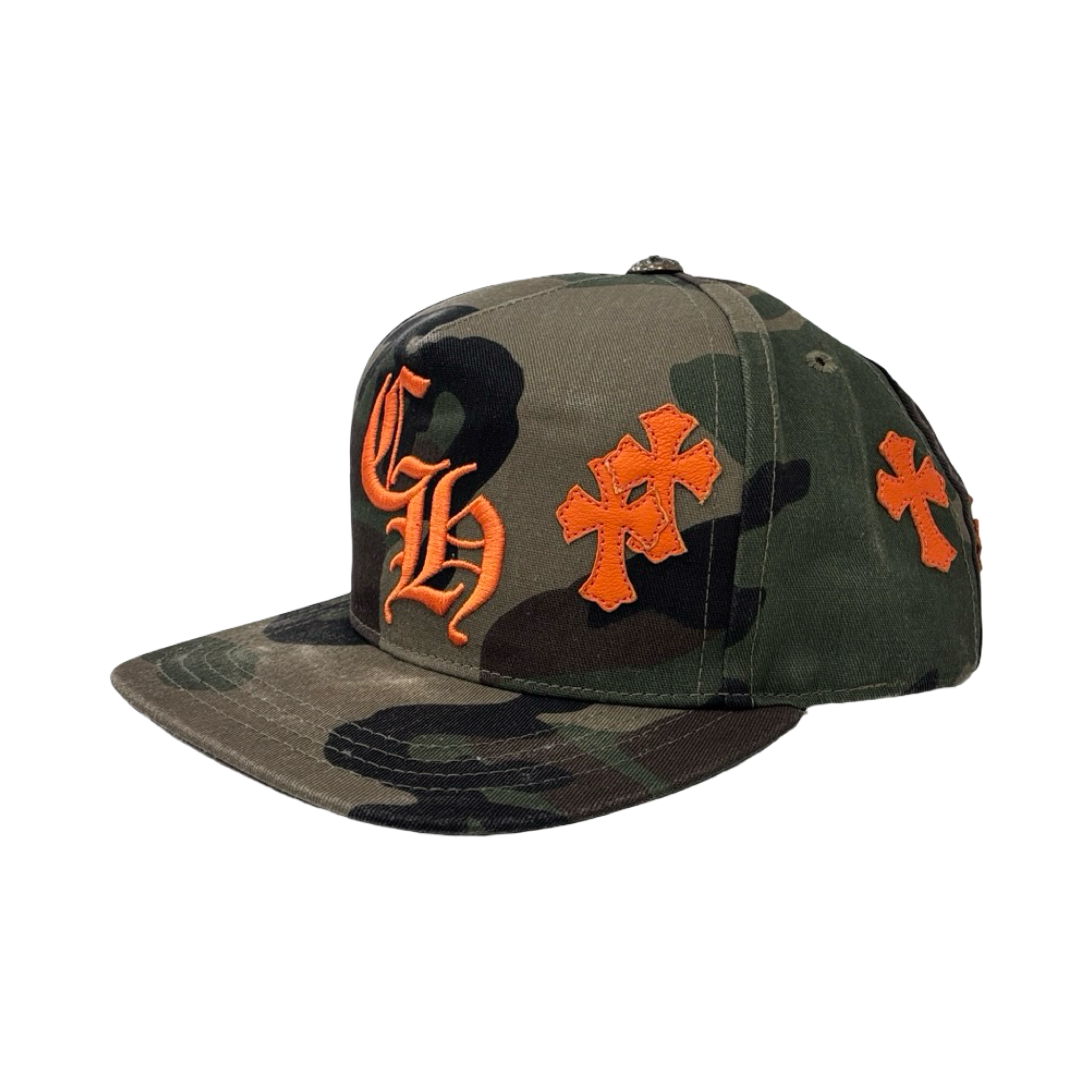 Chrome Hearts Leather Cross Embroidered CH Logo Baseball Hat Camo/Orange *Defective*