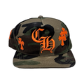 Chrome Hearts Leather Cross Embroidered CH Logo Baseball Hat Camo/Orange *Defective*