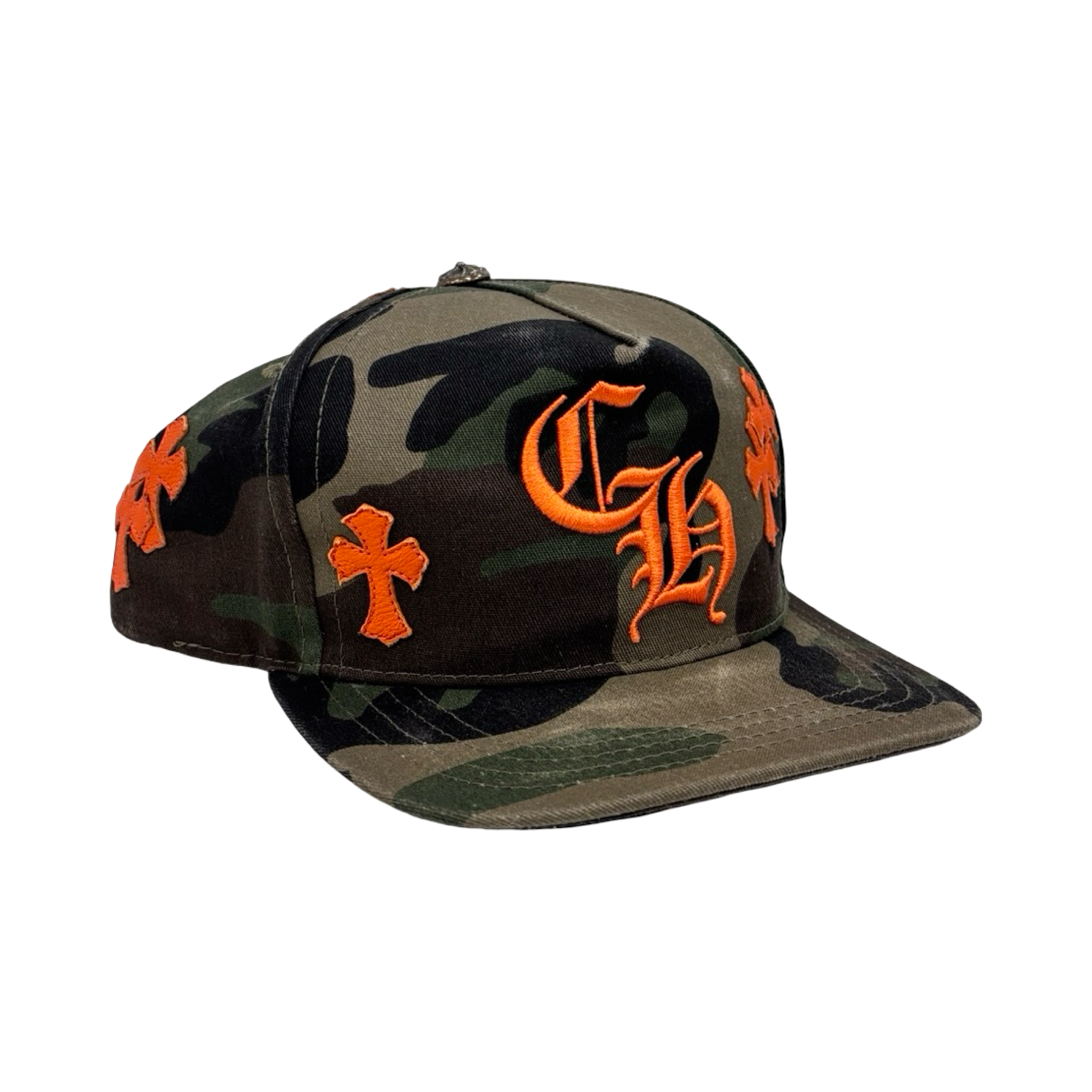 Chrome Hearts Leather Cross Embroidered CH Logo Baseball Hat Camo/Orange *Defective*