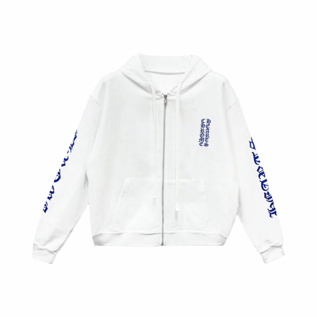 Chrome Hearts Blue Vertical Logo Zip Up Hoodie White