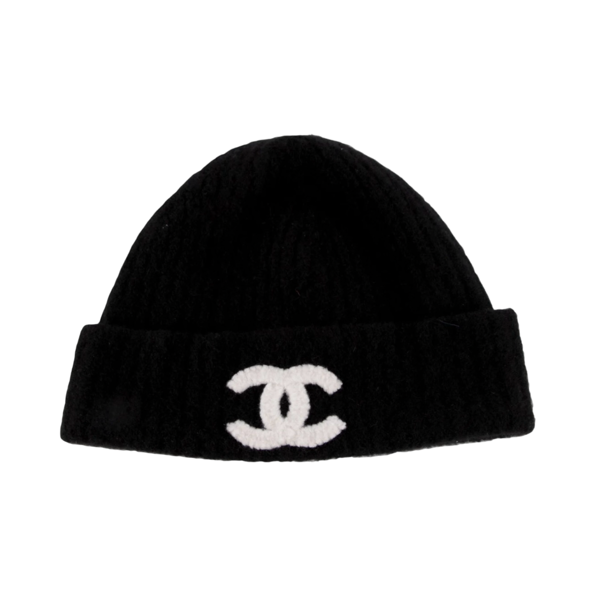 Chanel CC White Logo  Cashmere Beanie Black