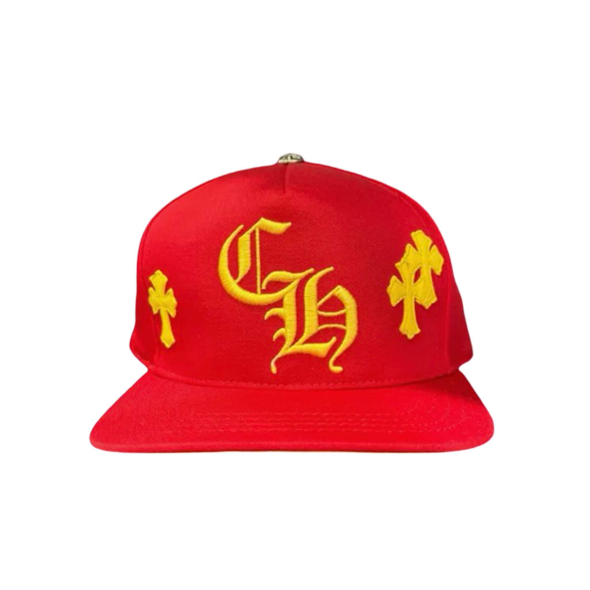 Chrome Hearts Leather Cross Embroidered CH Logo Baseball Hat Red/Yellow