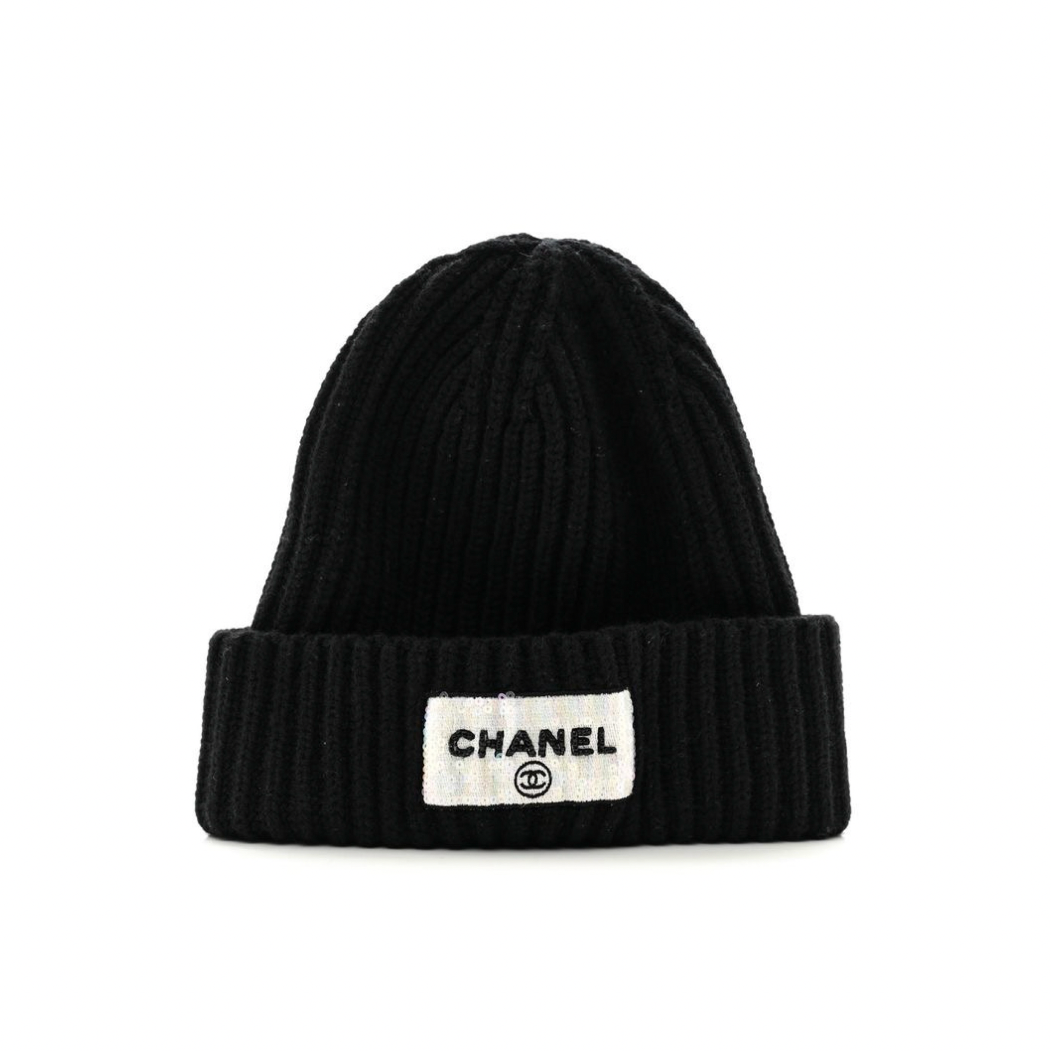Chanel Cashmere Box Glitter Logo Beanie Black