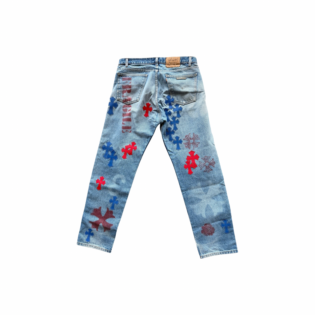 Chrome Hearts Levi's 517 Blue & Red Cross Patch Stencil Jeans