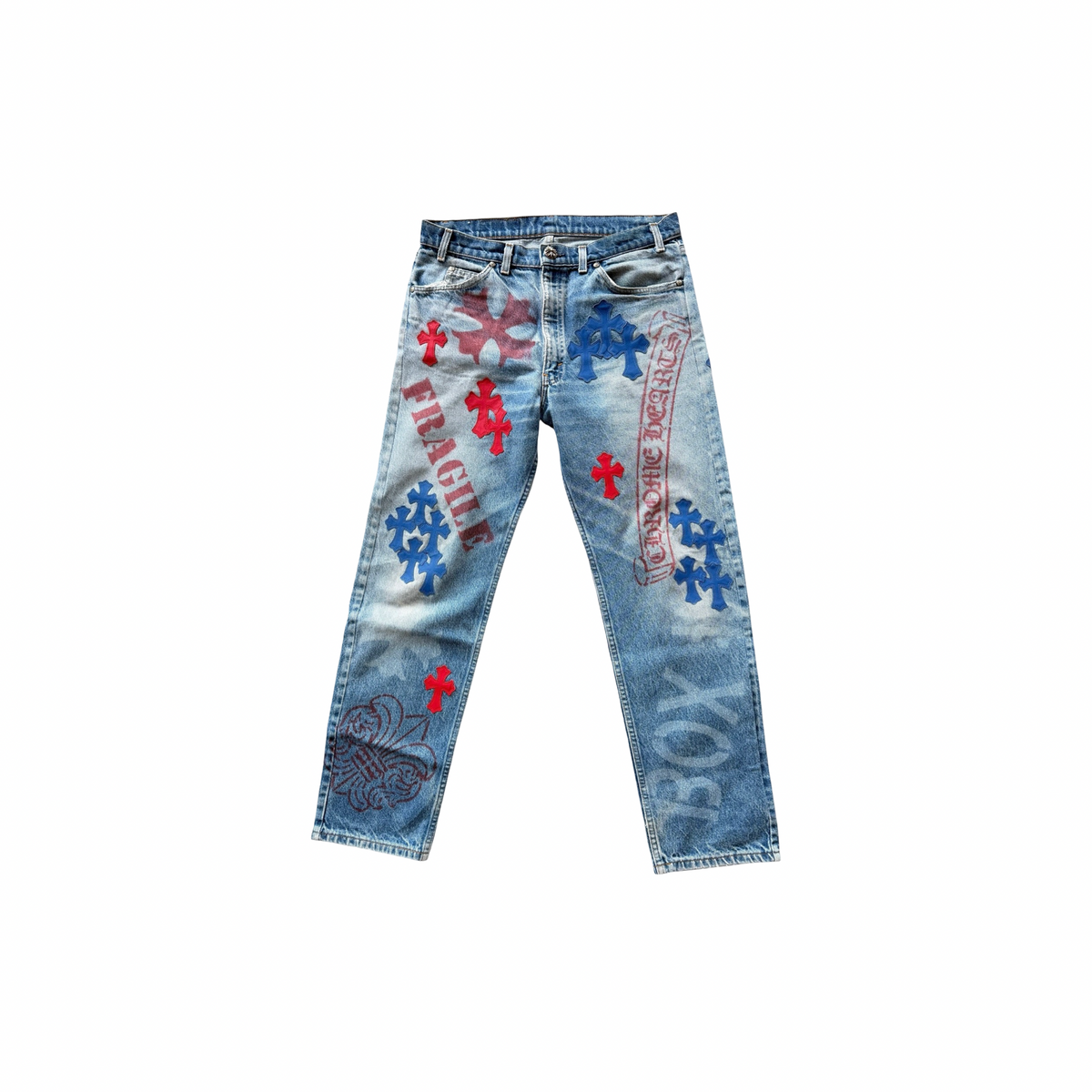 Chrome Hearts Levi's 517 Blue & Red Cross Patch Stencil Jeans