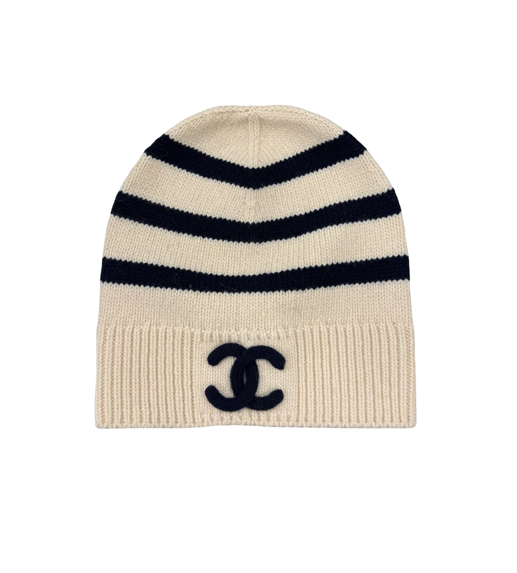 Chanel Wool CC Logo Beanie Ecru/Navy Blue