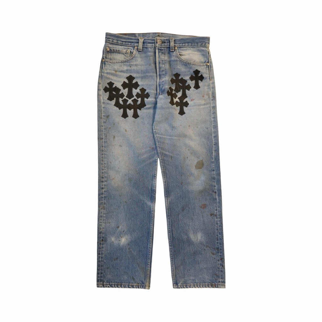 Chrome Hearts 501 Dirty Light Wash Cross Patch Jeans
