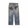 Chrome Hearts 501 Dirty Light Wash Cross Patch Jeans
