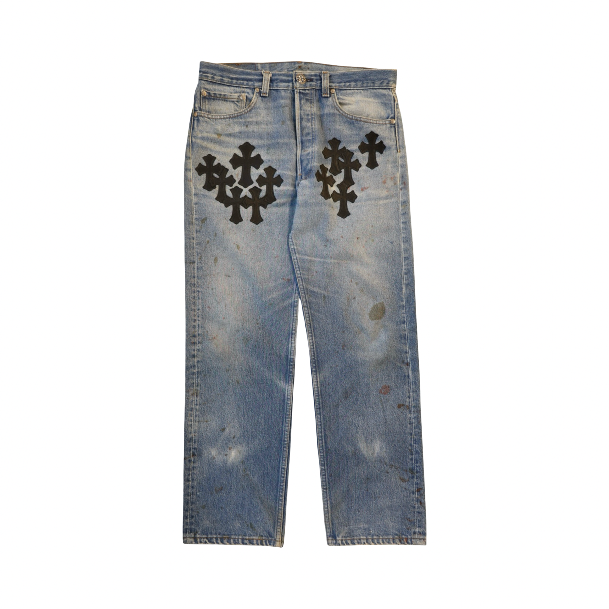 Chrome Hearts 501 Dirty Light Wash Cross Patch Jeans