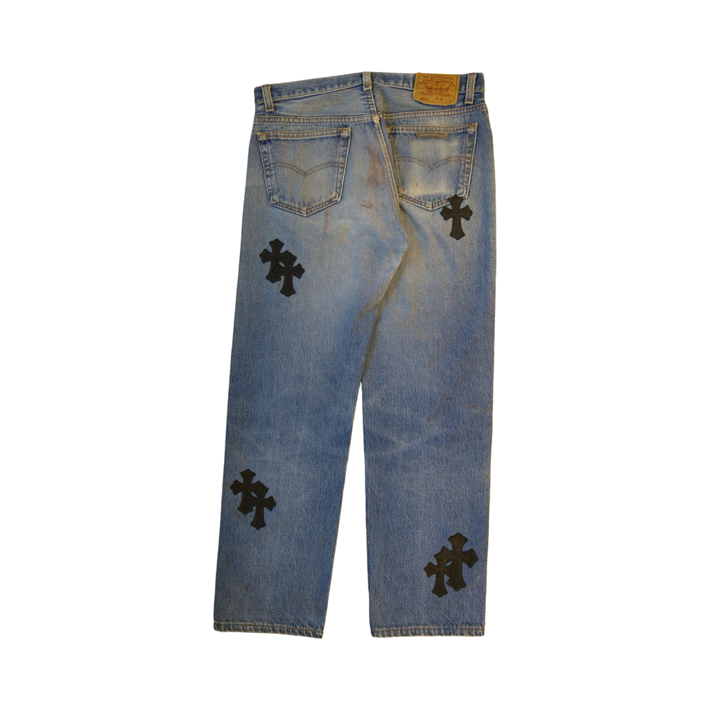 Chrome Hearts 501 Dirty Light Wash Cross Patch Jeans