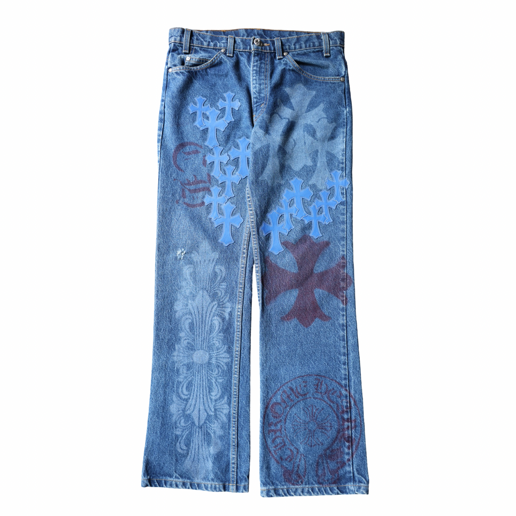 Chrome Hearts Levi's 517 Blue Cross Patch Stencil Jeans Dark Wash
