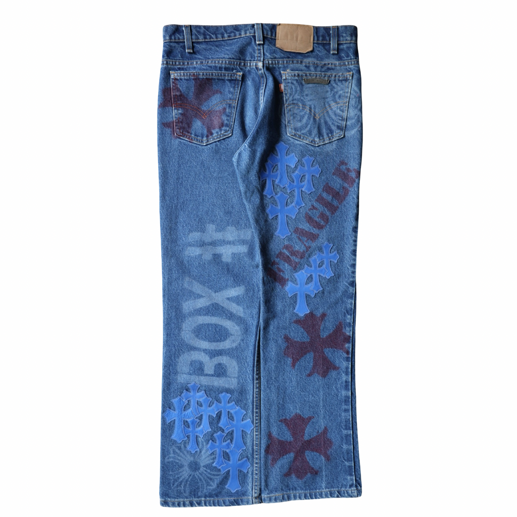 Chrome Hearts Levi's 517 Blue Cross Patch Stencil Jeans Dark Wash