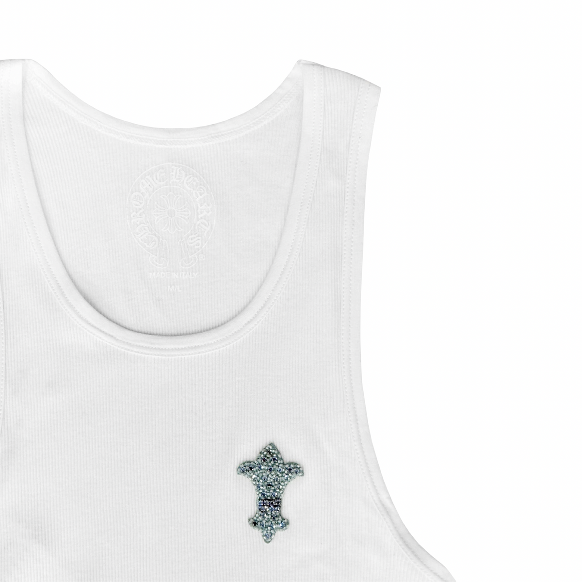Chrome Hearts Blue Beaded Rhinestone Fleur Logo Tank Top White