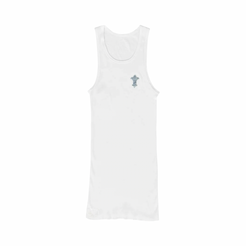 Chrome Hearts Blue Beaded Rhinestone Fleur Logo Tank Top White