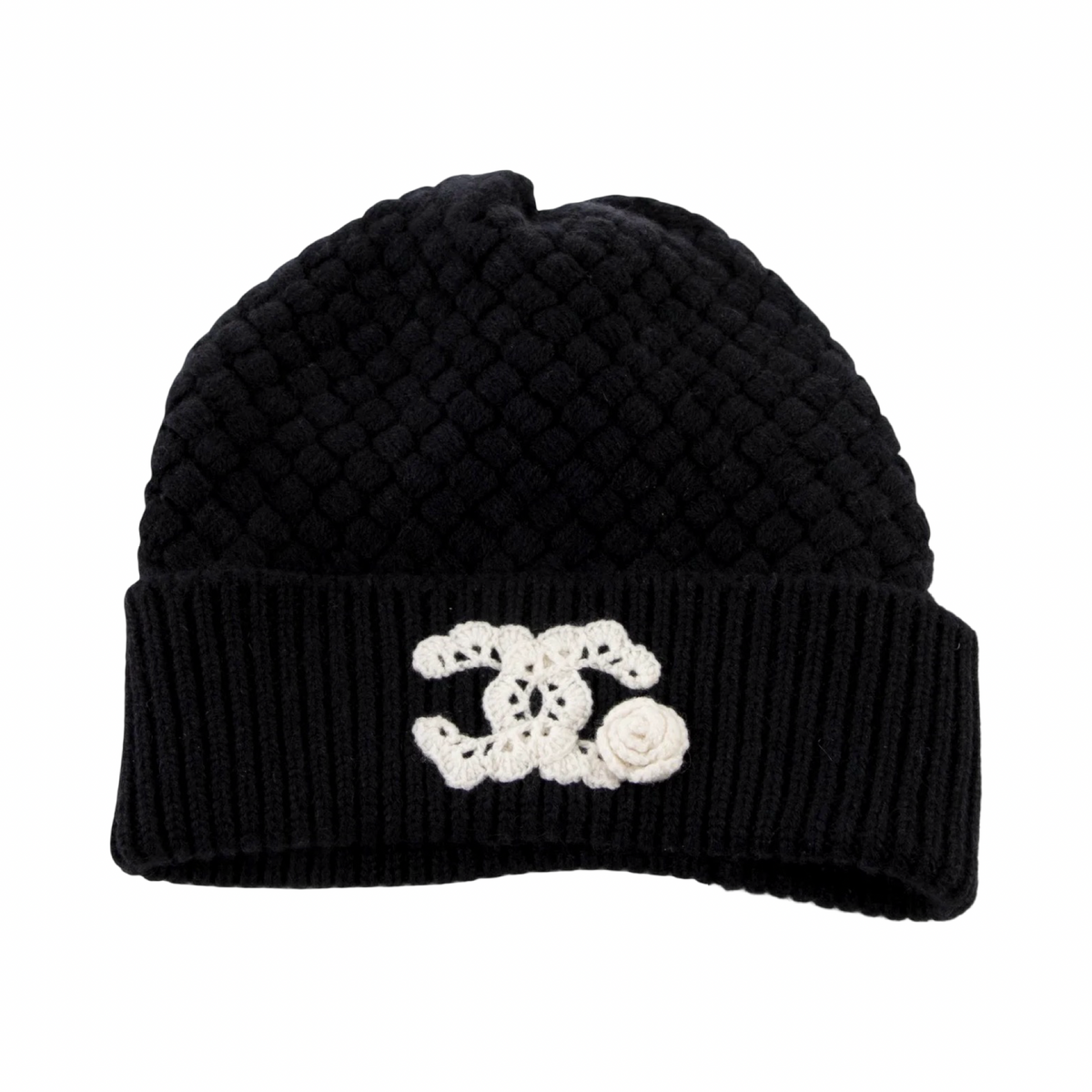 Chanel CC Cashmere Beanie Black Floral Accent Black
