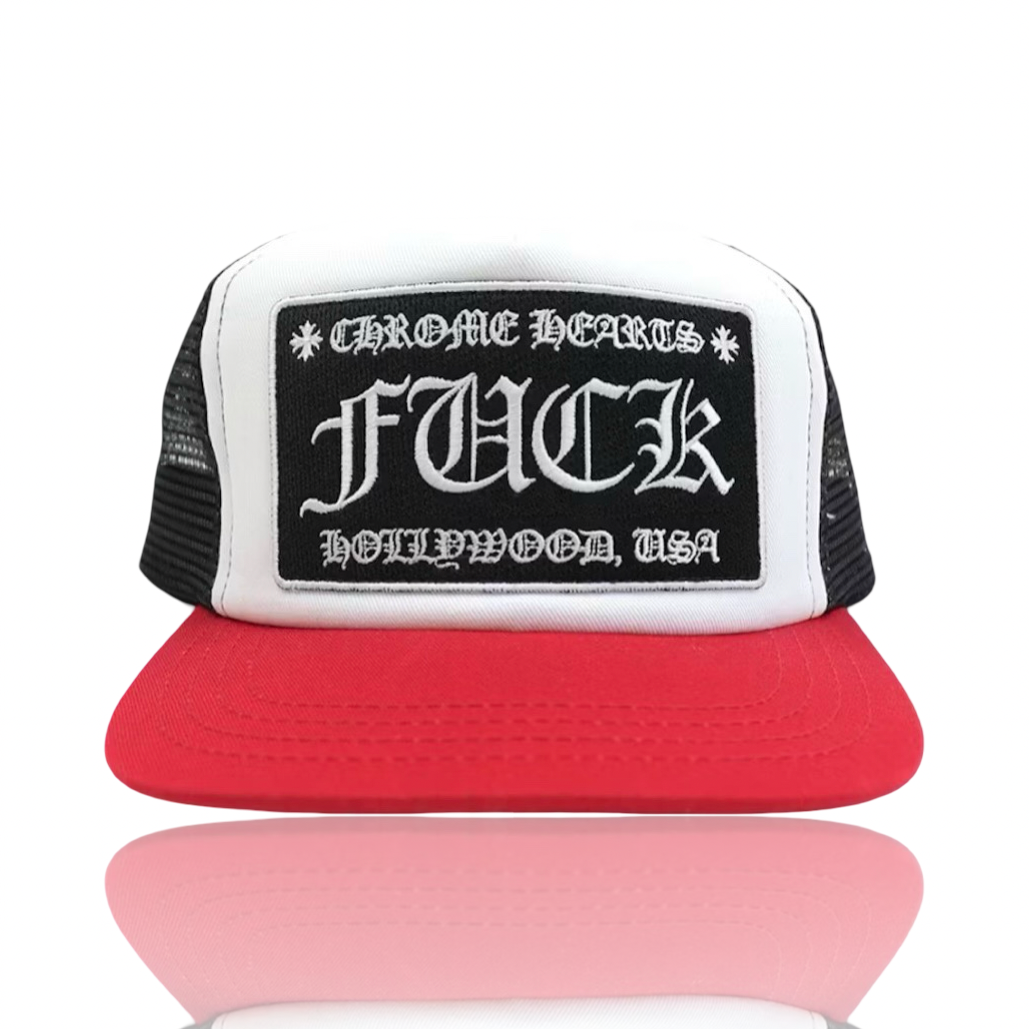 Chrome Hearts Fuck Hollywood Trucker Black White/Black/Red