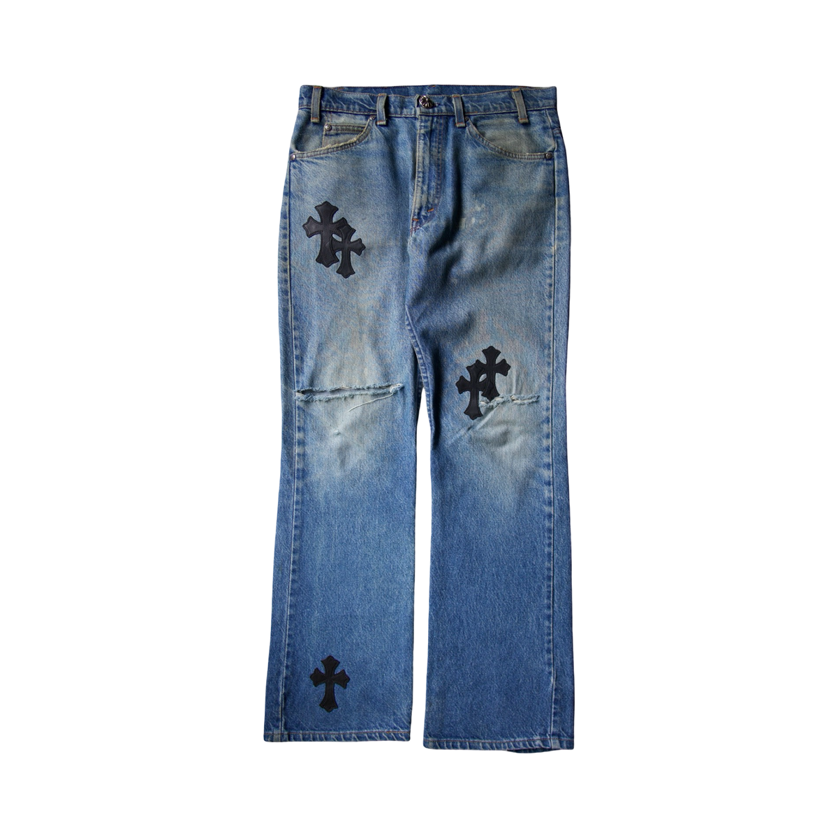 Chrome Hearts Levi's 517 Light Wash Blue Black Cross Patch Jeans