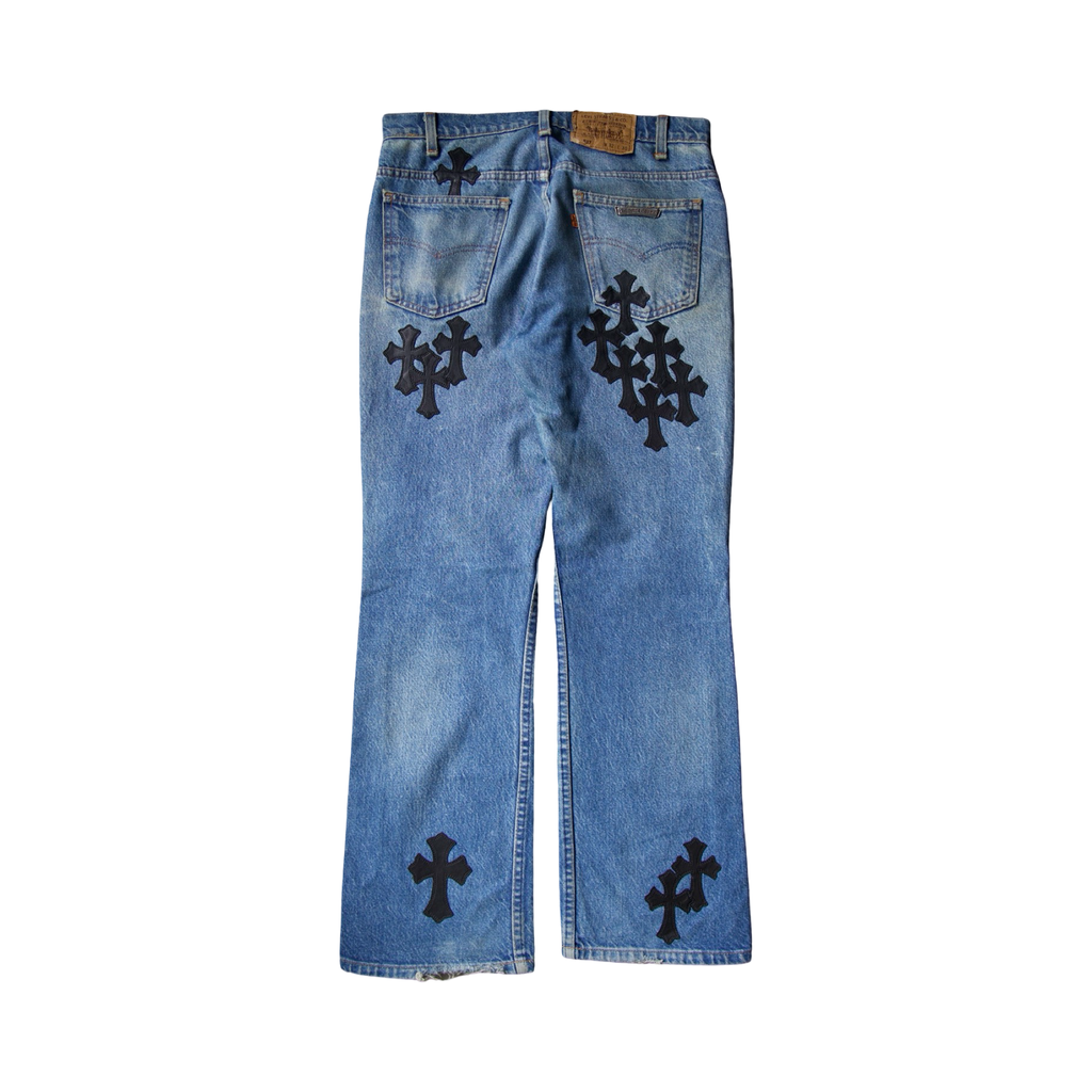 Chrome Hearts Levi's 517 Light Wash Blue Black Cross Patch Jeans
