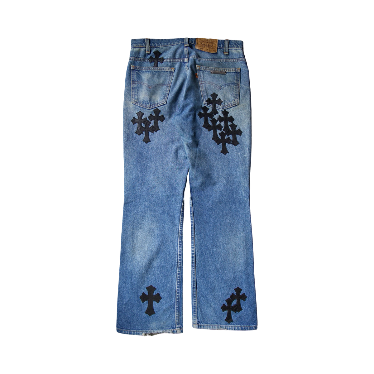 Chrome Hearts Levi's 517 Light Wash Blue Black Cross Patch Jeans
