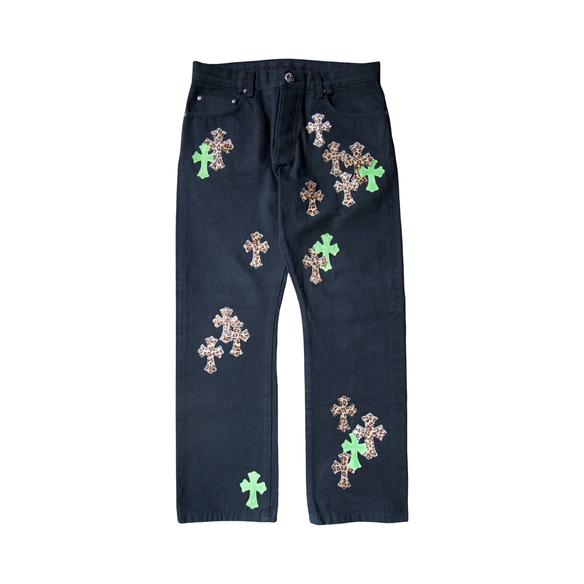 Chrome Hearts  Leopard Green Leather Cross Patch Jeans