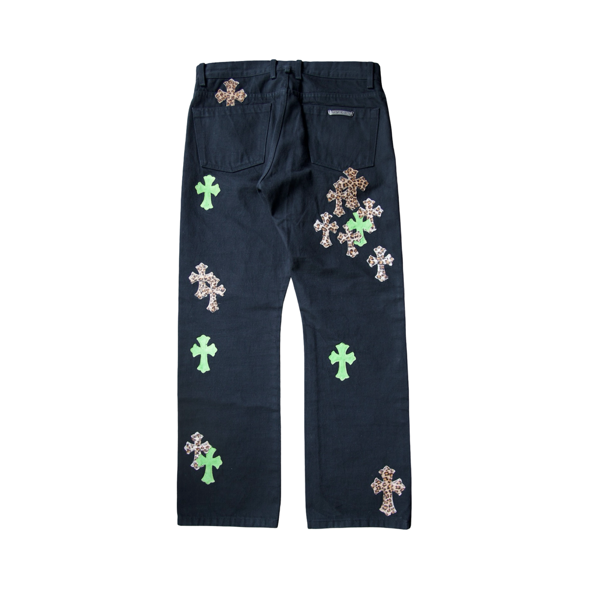 Chrome Hearts  Leopard Green Leather Cross Patch Jeans