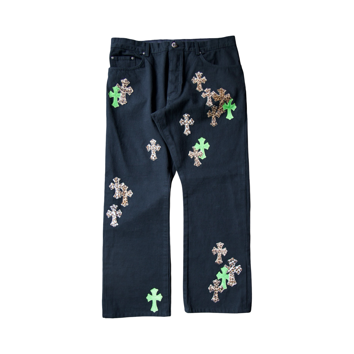 Chrome Hearts  Leopard Green Leather Cross Patch Jeans
