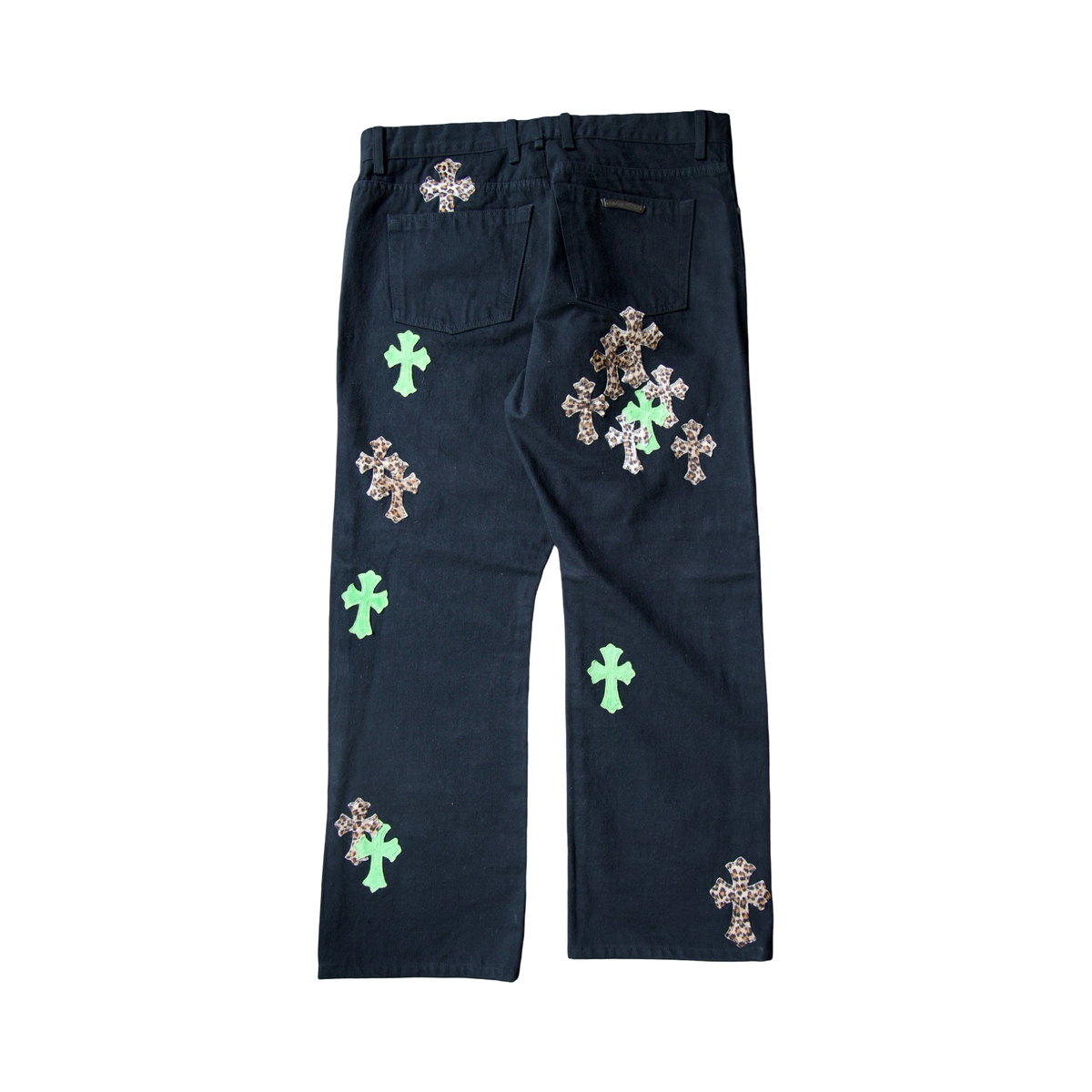 Chrome Hearts  Leopard Green Leather Cross Patch Jeans