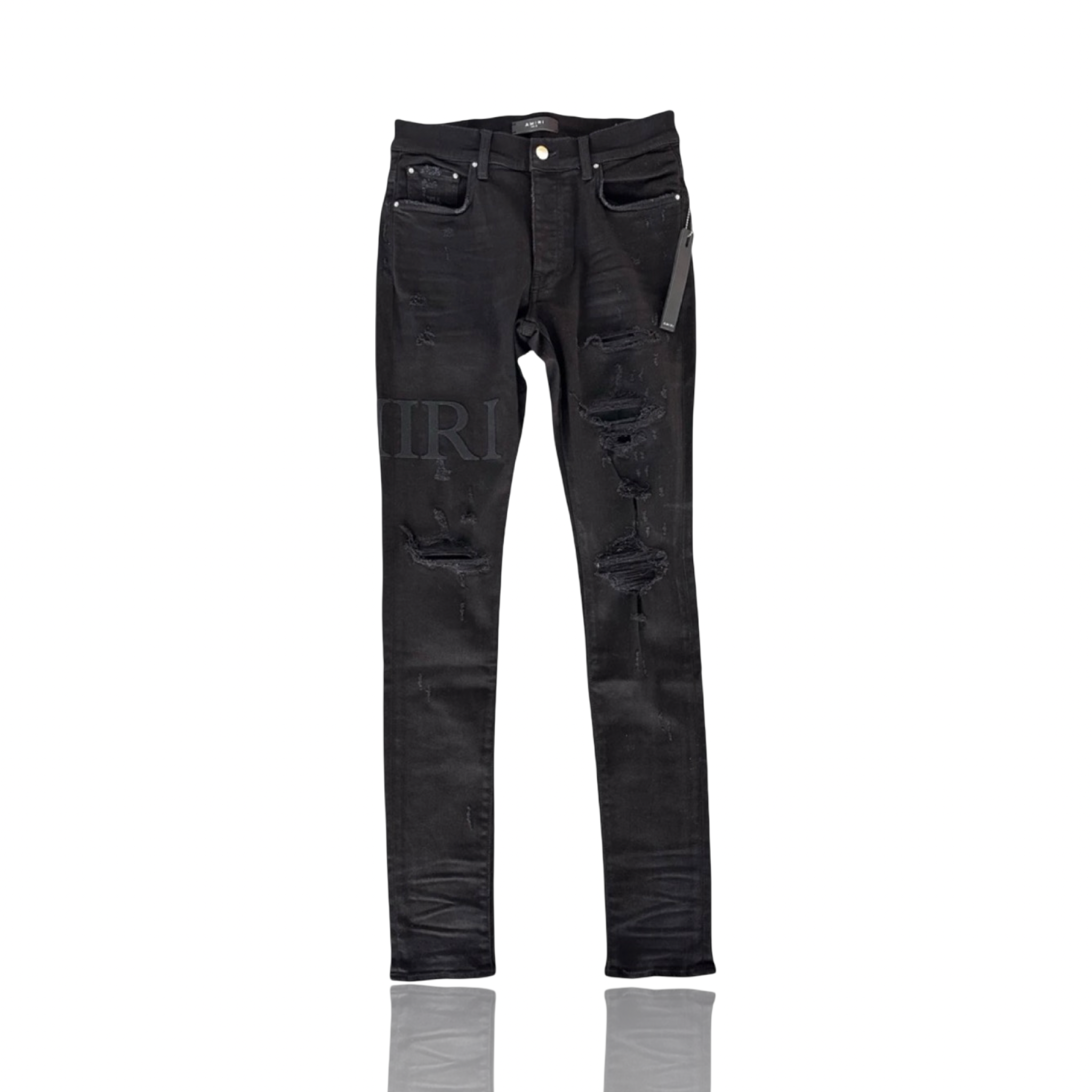 Amiri Black Serif Logo Distressed Jeans